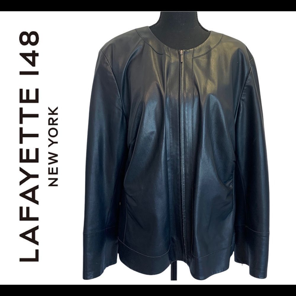 LAFAYETTE 148 Black ruched Front zipper soft lambskin leather jacket Sz 14